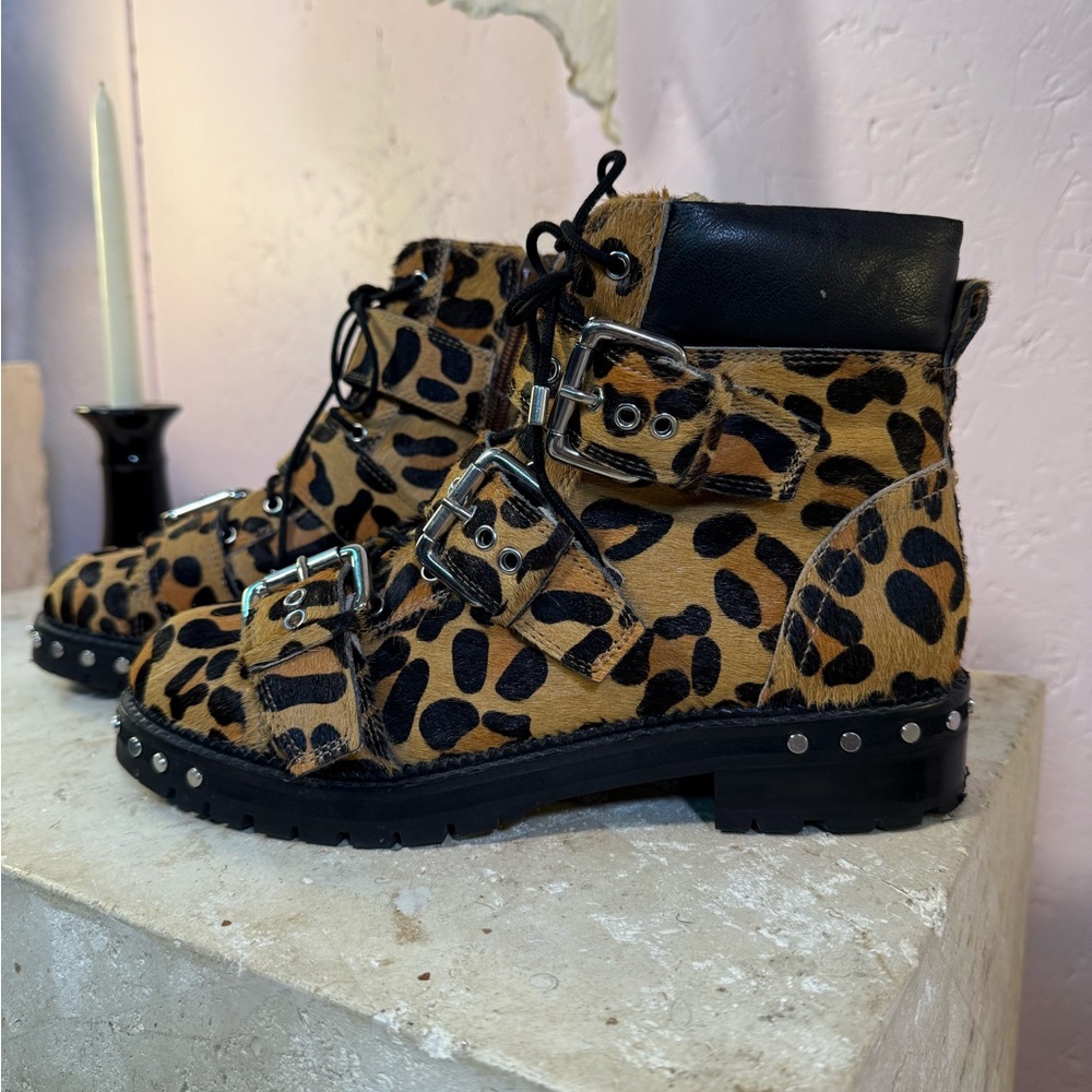 Topshop Leopard Pony Hair Buckle Combat Boots | Size 38 | Statement Fall Boot